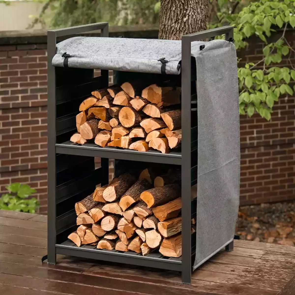 Firewood rack outdoor 2 tier firewood holder indoor stacking firewood storage rack with removable hanging hooks easy to assemble fireplace small wood stackers for patio backyard fire pit 