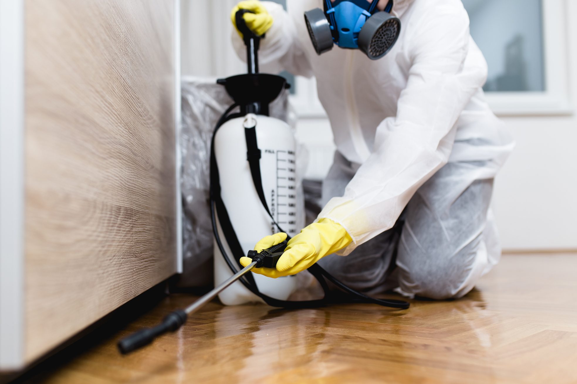 exterminator in protective gear spraying insecticide inside a home for cockroaches
