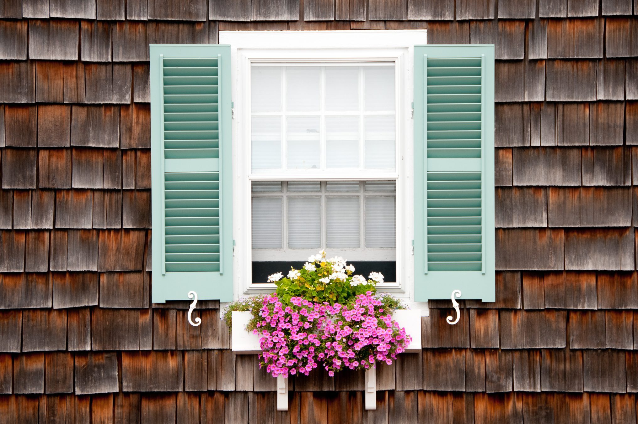 Old beach cottage with wood shake siding. Window with turquoise shutters and white wooden window box and trailing pink and white flowers in summer.