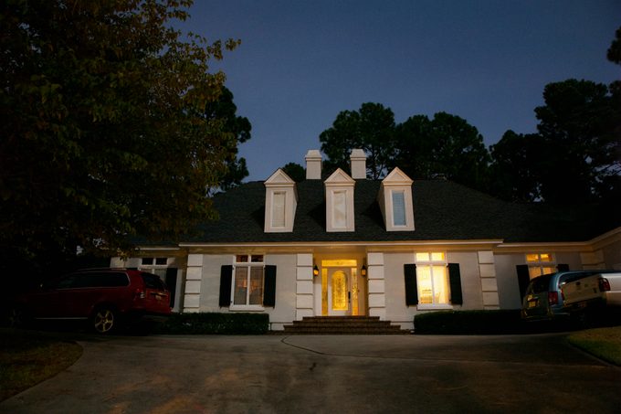 An illuminated house at night