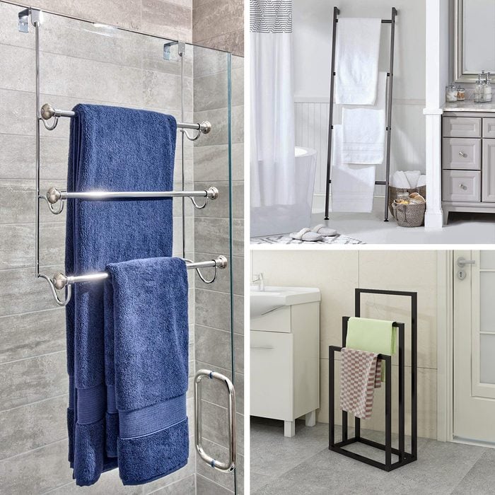 A pull-out towel rack right next to your sink not only keeps your