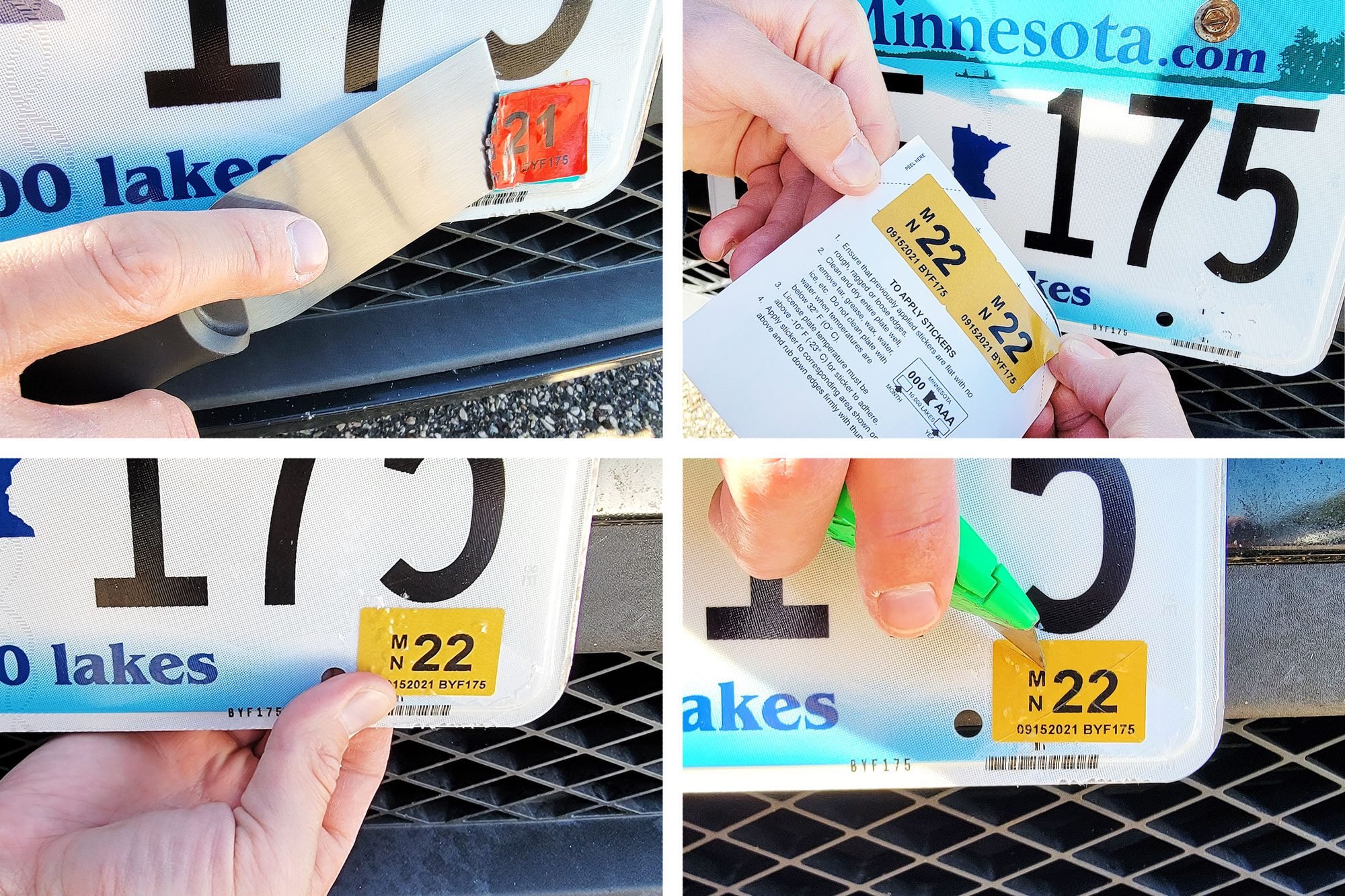 collage of four photos showing the process of Changing And Scoring License Plate Tag Sticker