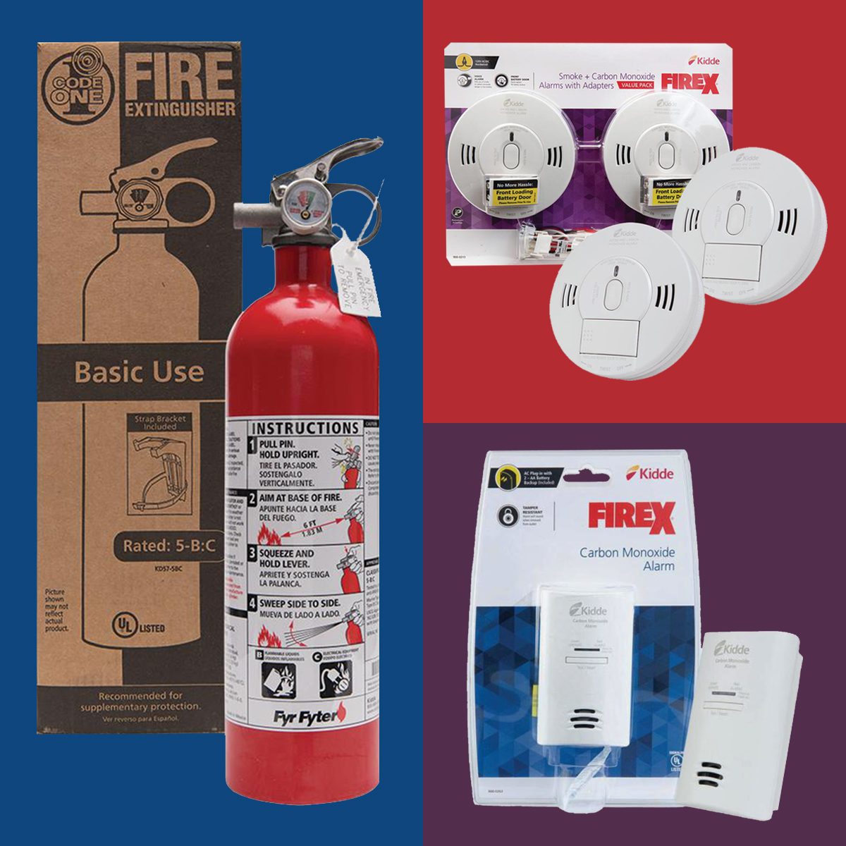 fire safety products on color block background