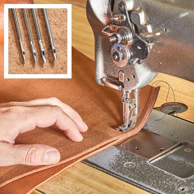 demonstration of upholstery stitching and correct needles to use