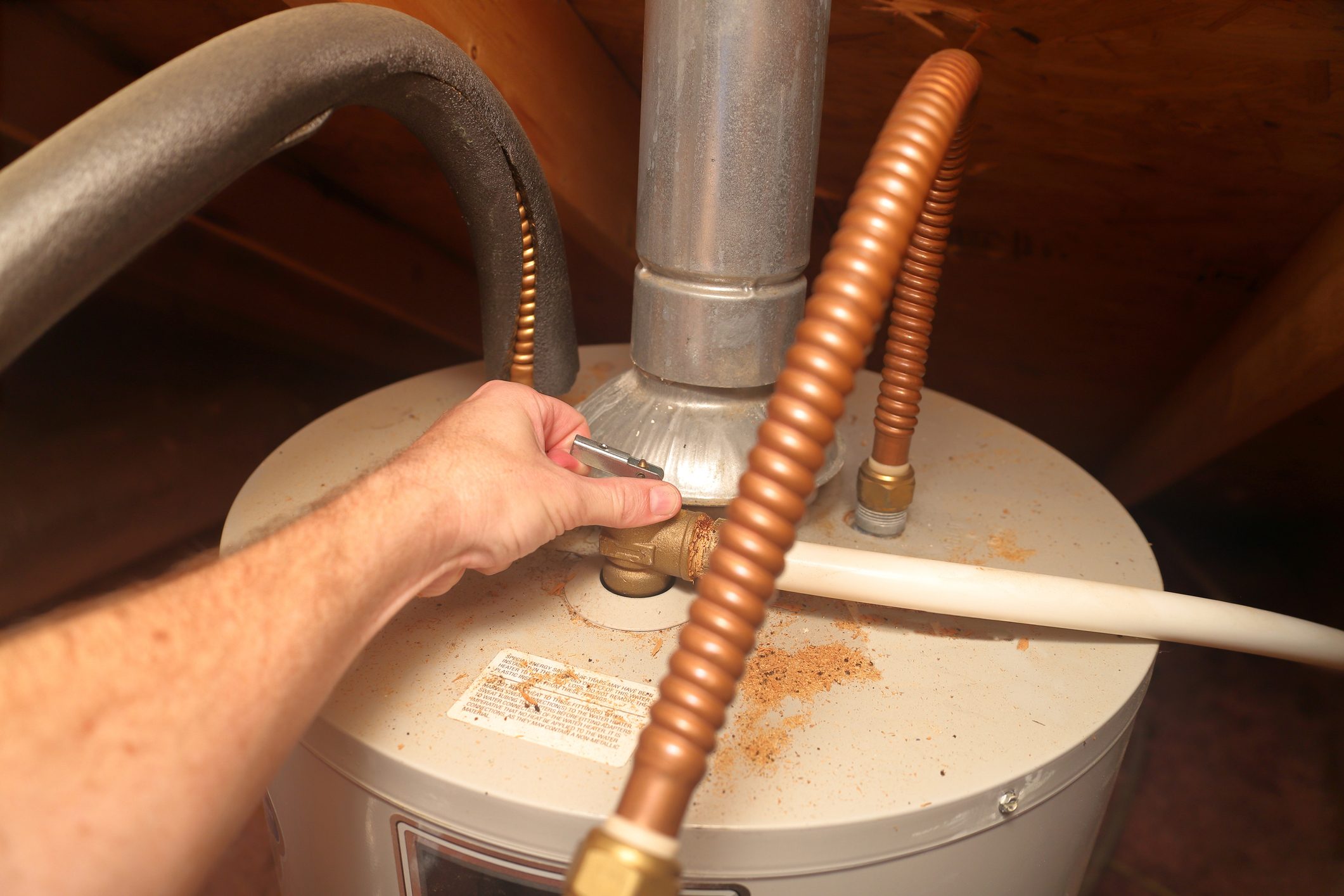 temperature and pressure release valve on hot water tank