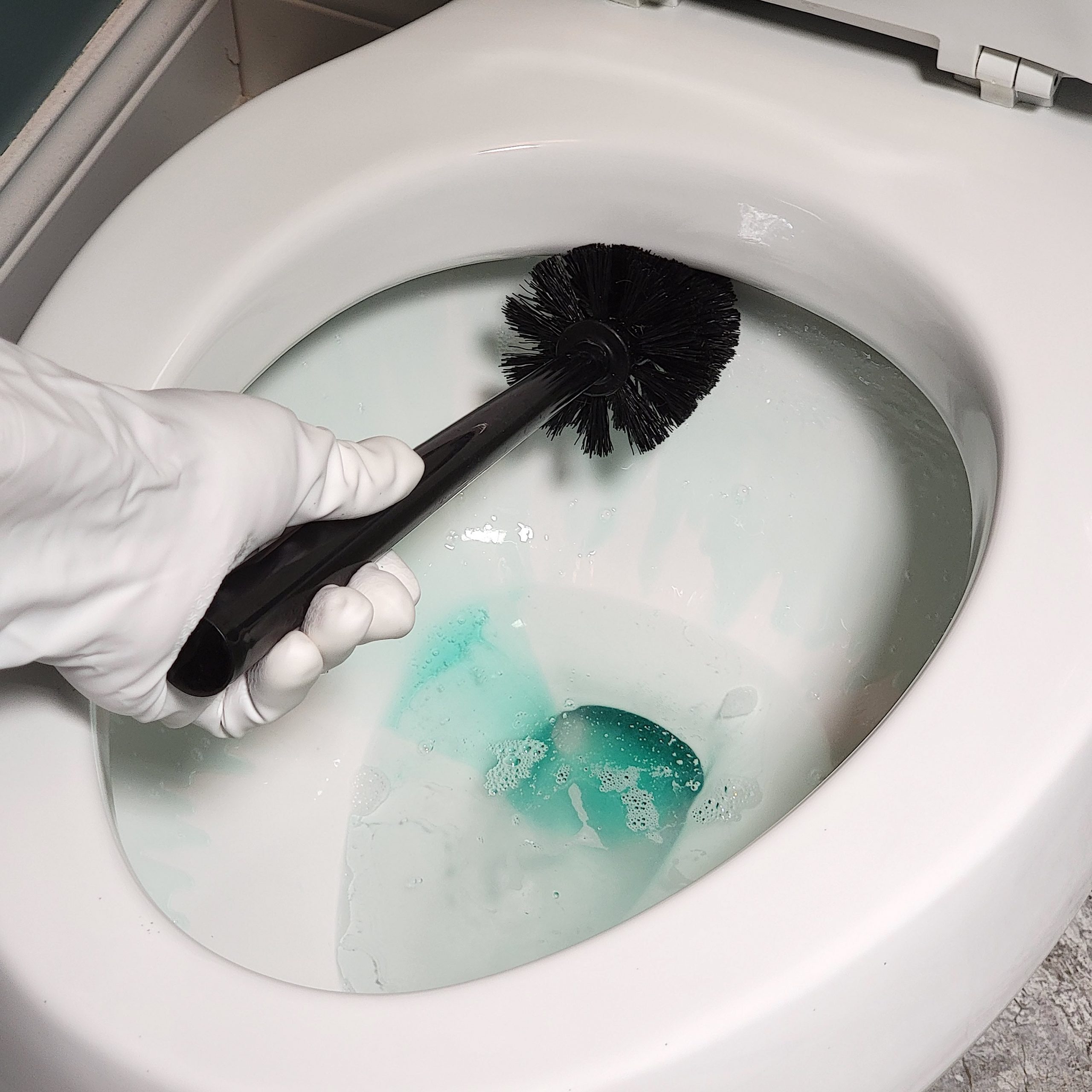 cleaning the toilet bowl with a toilet brush