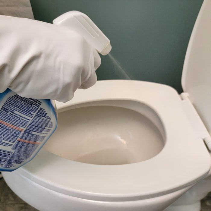 spraying the toilet seat with clorox cleaning spray