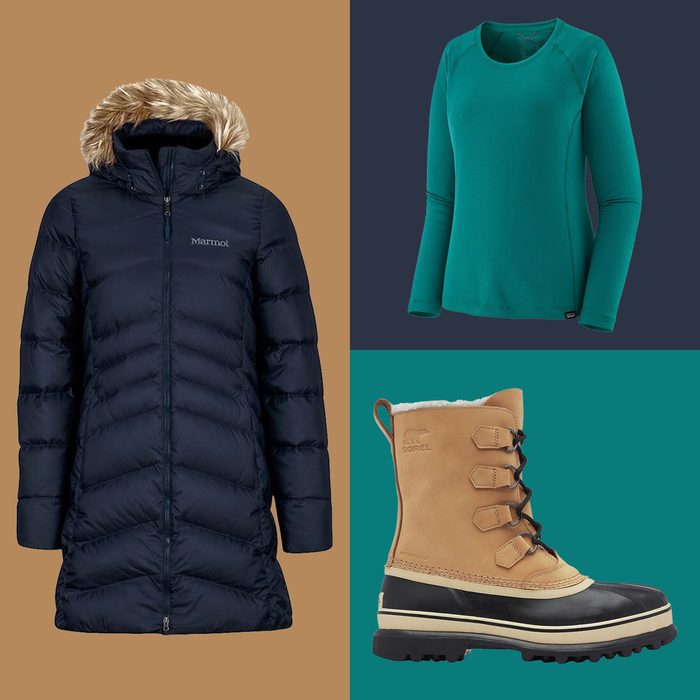 winter clothing products on color block background