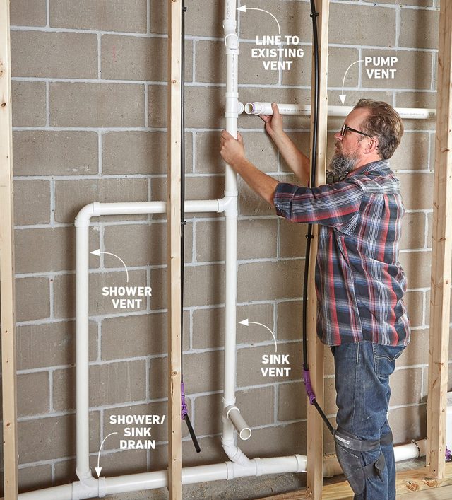 showing pipes set up for adding a basement bathroom