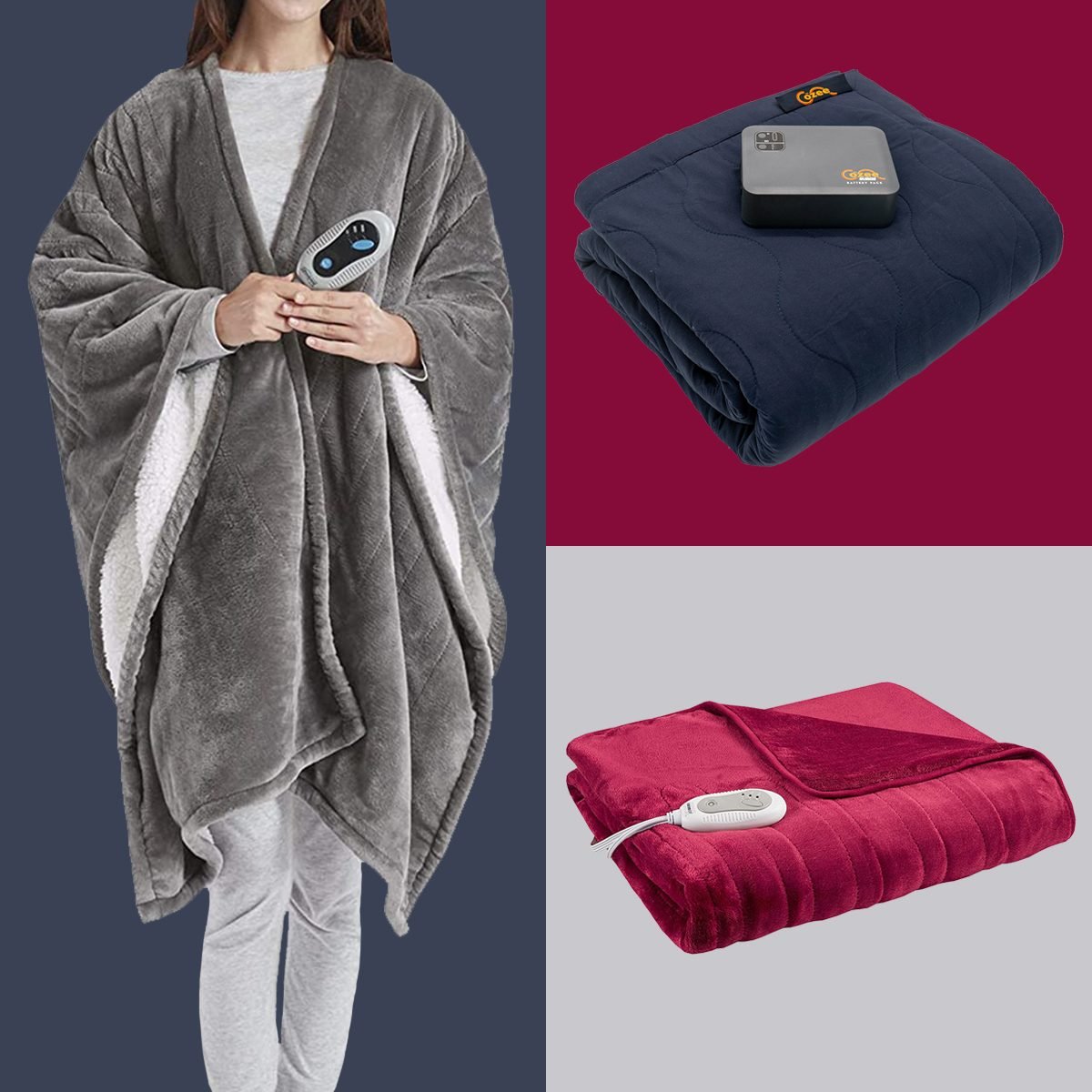 three Heated Blankets on color block background