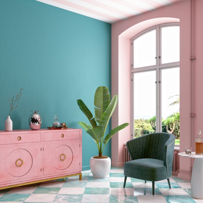 Modern Mid Century Living Room Interior In Pastel Colors