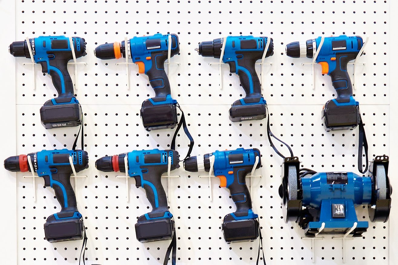 Rows of drills in a commercial store