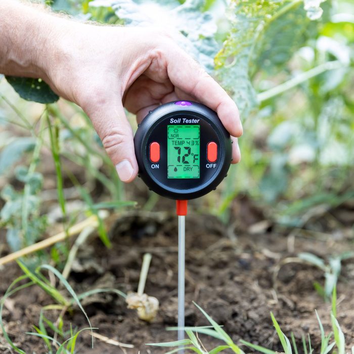 Measuring temperature and moisture content of the soil from a soil sample and test.
