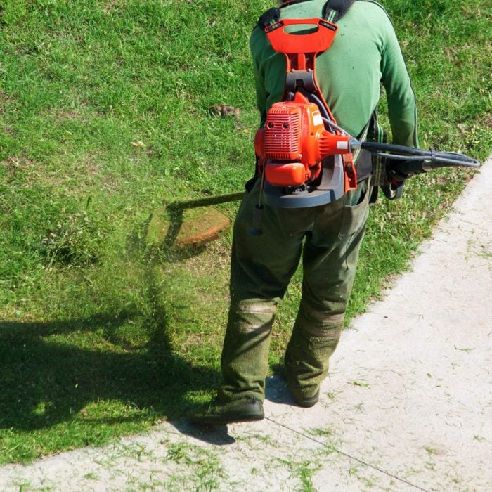 Mow grass with a string trimmer harness