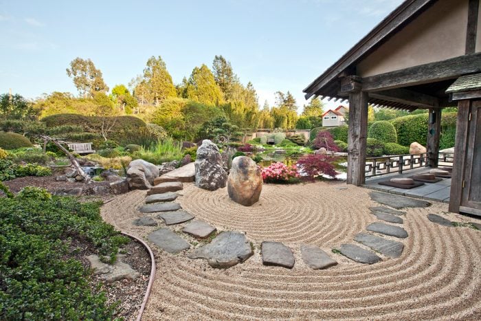 Zen meditation garden and pond in a backyard