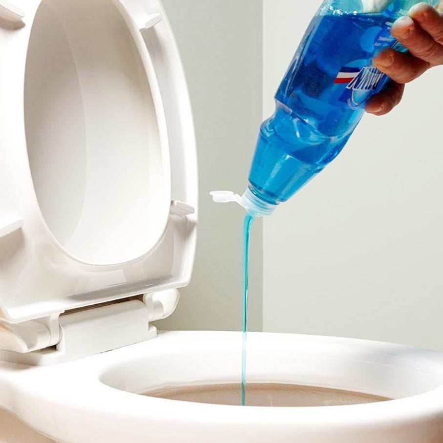 cleaning toilet with blue dish soap