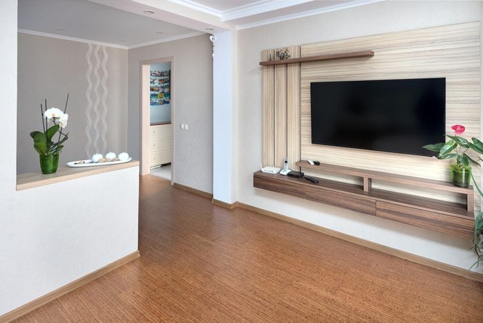 Modern apartment living room with large TV over wooden cabinet Orchid, cork floorboards and door to corridor. Real room of real estate residential house.