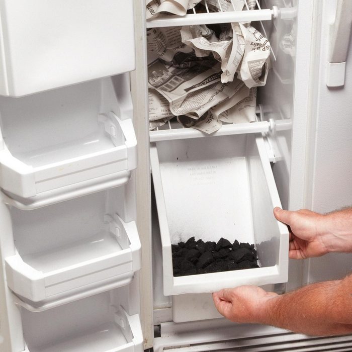 charcoal and newspaper in a freezer