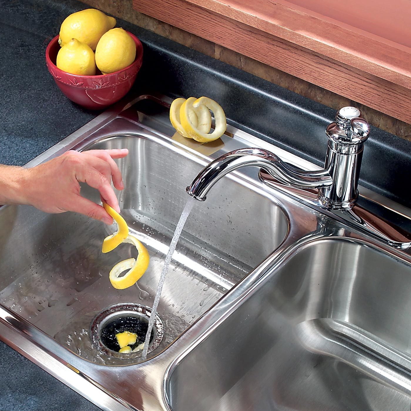 Lemon peels in kitchen sink