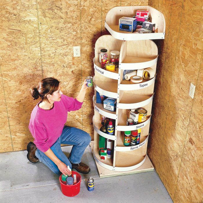 rotating corner storage shelf In garage
