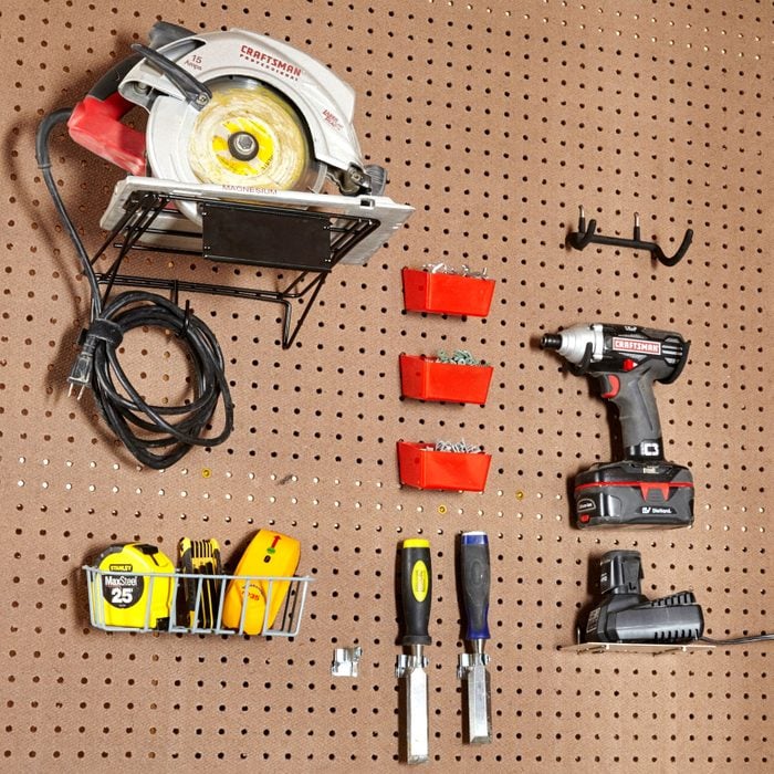tools organized on a pegboard