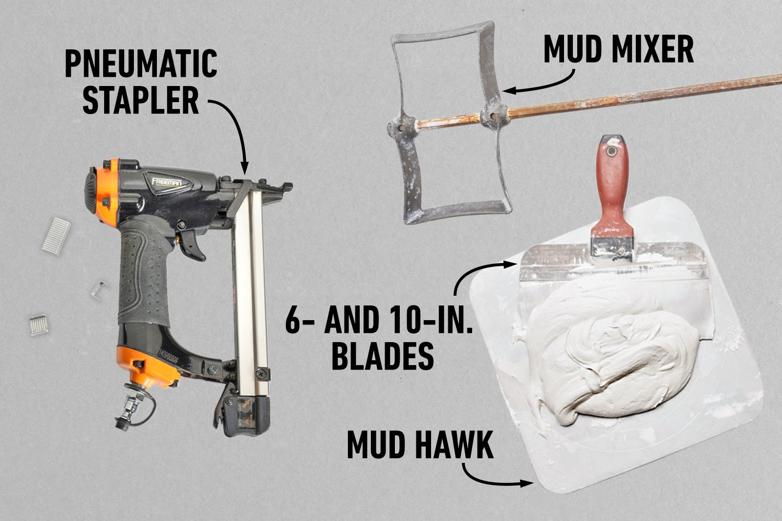 Fh22jun 618 10 018 019 020 Tools Include Mud Mixer Blades Pneumatic Stapler And Mud Hawk Homeowner's Guide To Drywall