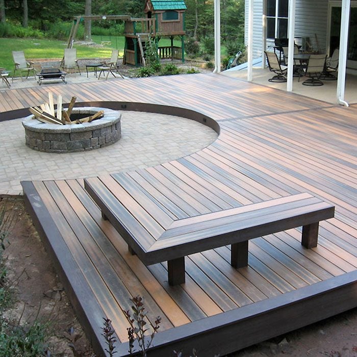 floating deck with fire pit and benches