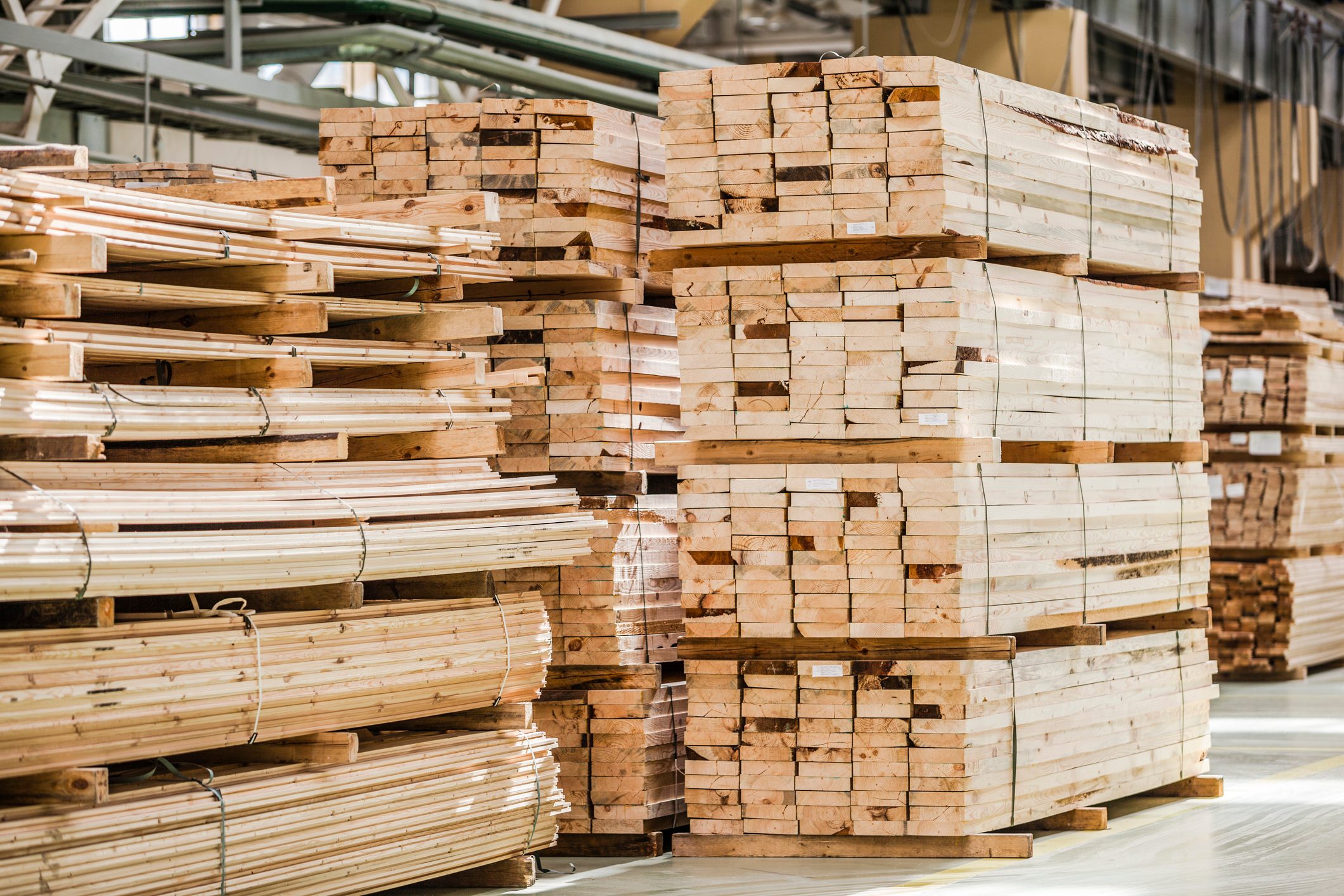 stacks of wood in a lumber yard