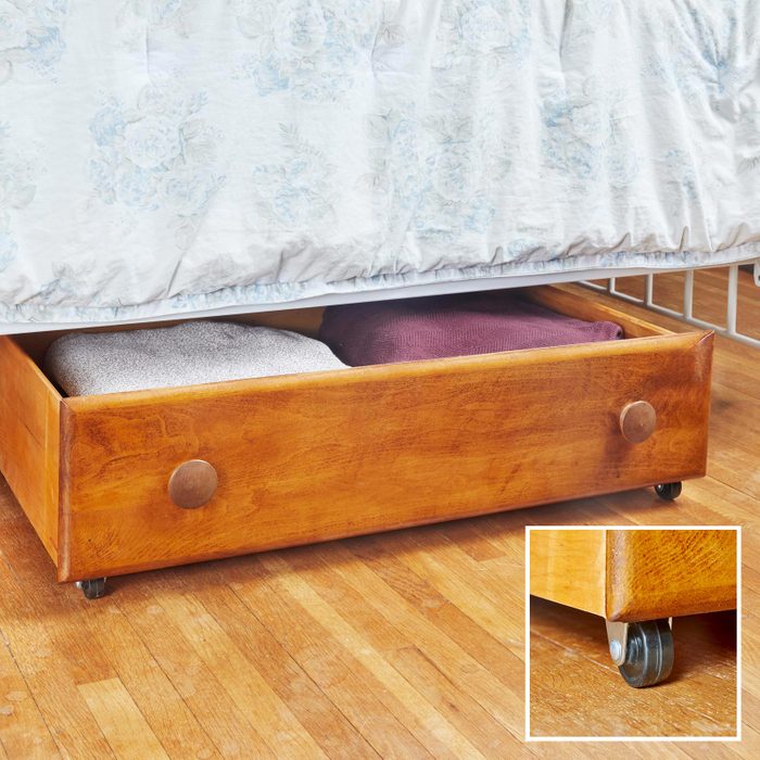 homemade under the bed storage on wheels made from an old drawer