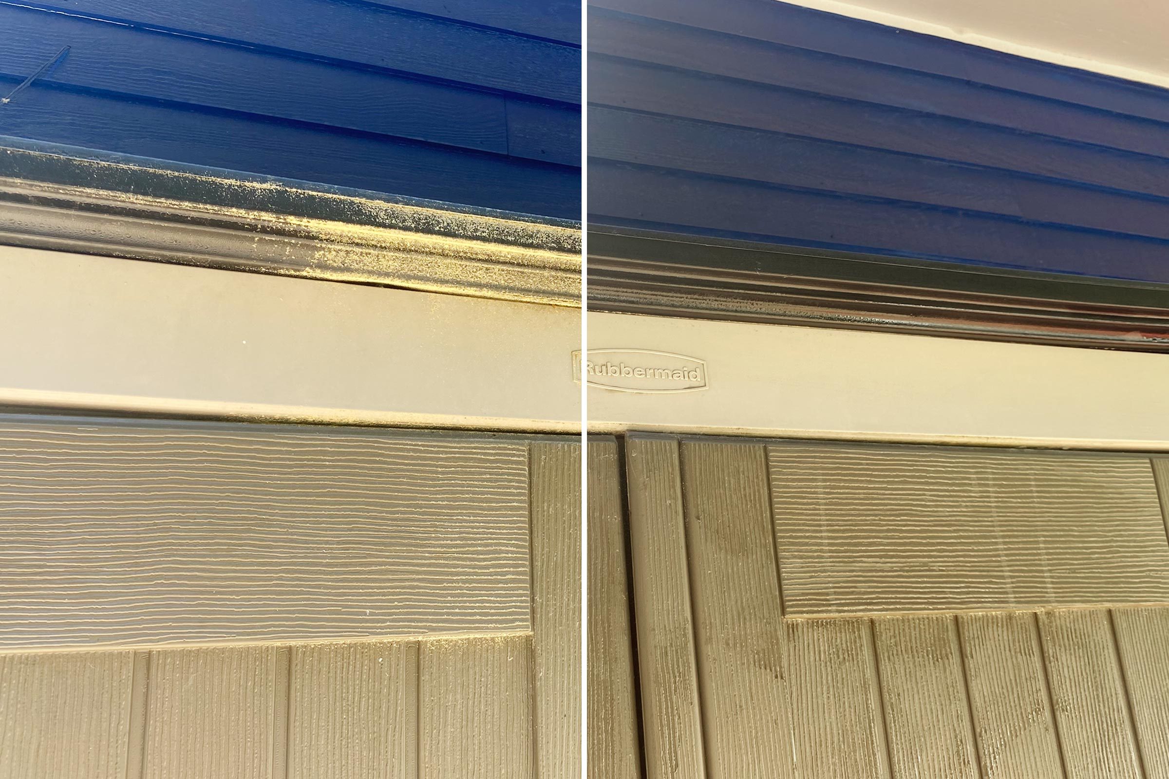 before and after using 30 second outdoor cleaner on a garden shed