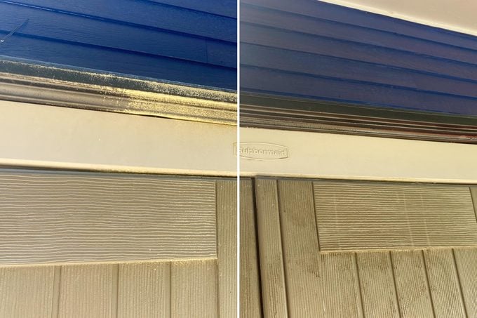 before and after using 30 second outdoor cleaner on a garden shed