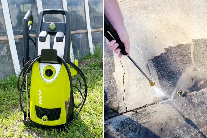sun joe Pressure Washer next to an example of pressure washing with it