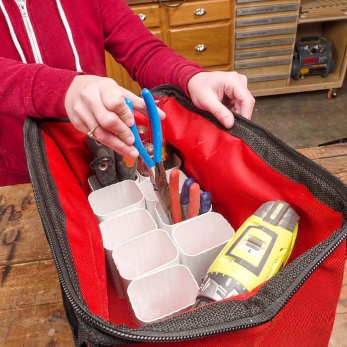 gutters inside a tool bag for organizing tools