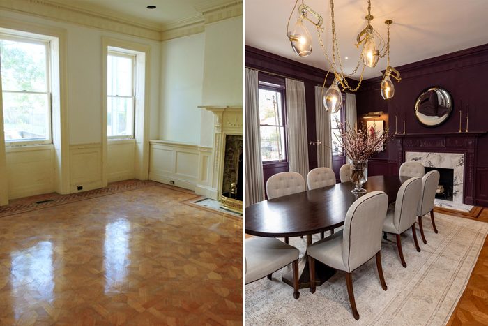 side by side of a before and after of a Darius Rucker's dining room renovation
