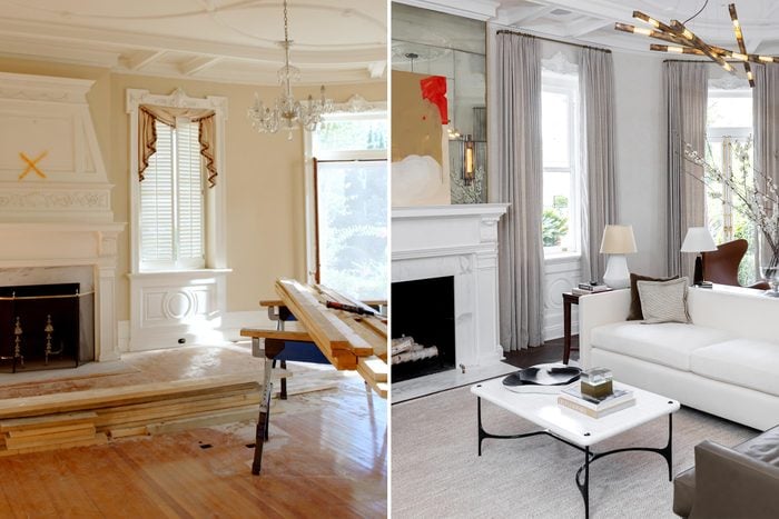 side by side of a before and after of a Darius Rucker's living room renovation
