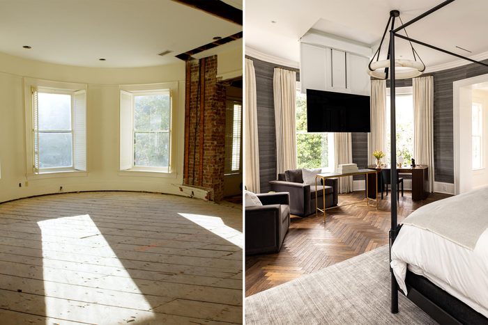 side by side of a before and after of a Darius Rucker's bedroom renovation