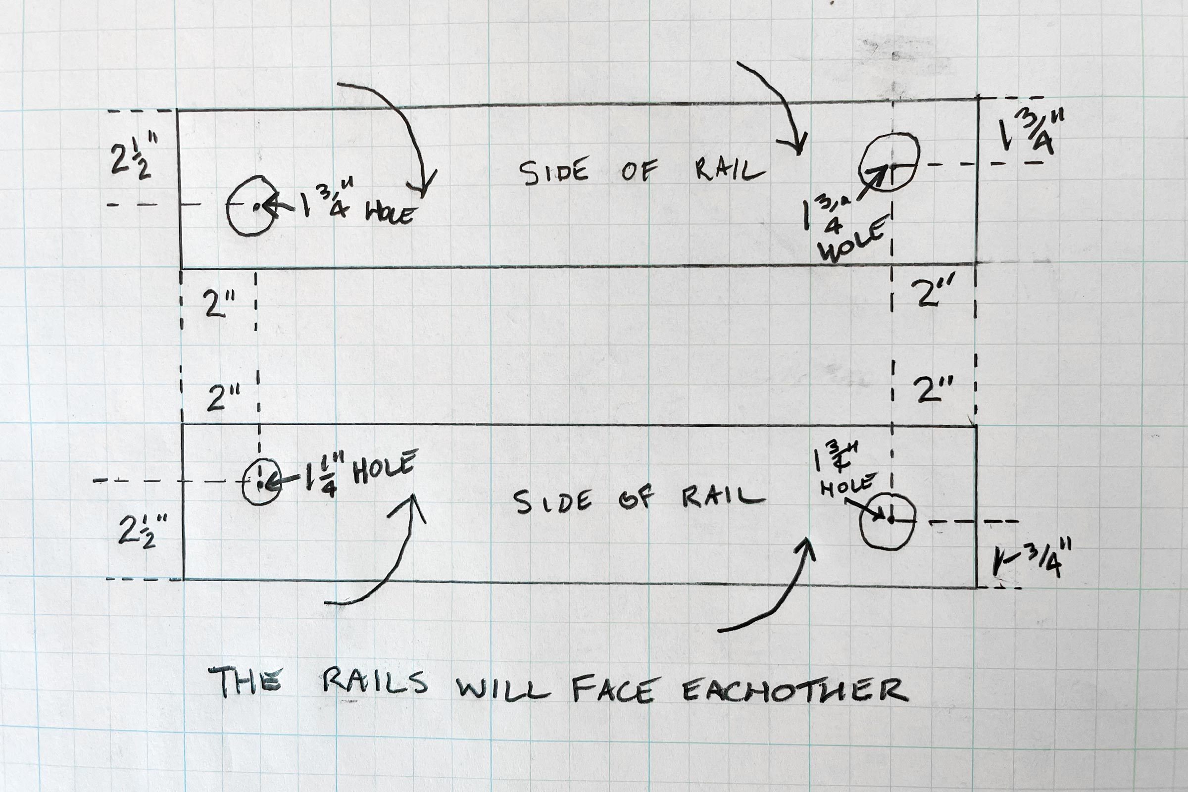 diagram drawn out on lined paper explaining where to drill holes