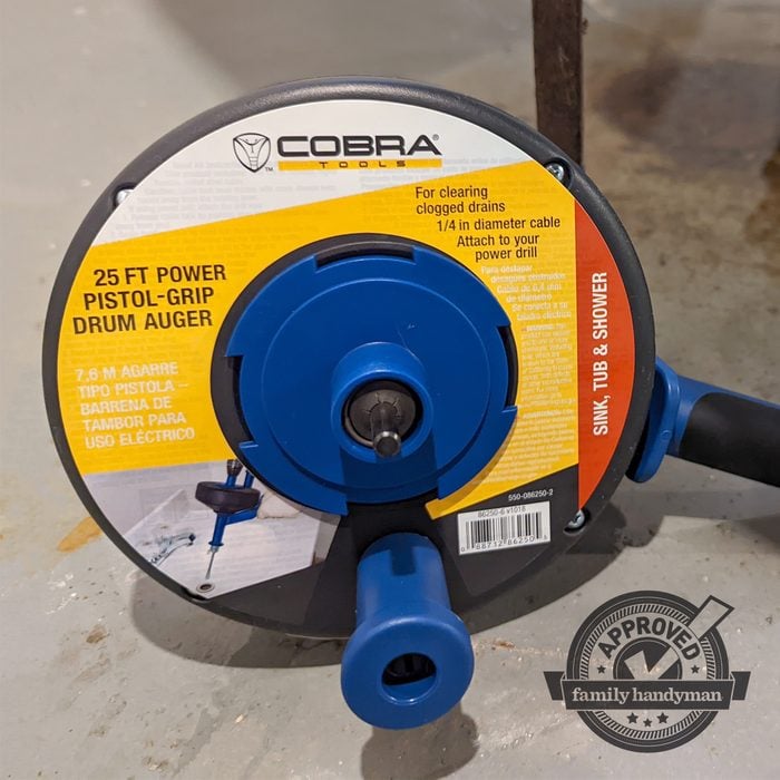 Cobra Drain Snake Tool with the Family Handyman approved logo in the bottom right corner
