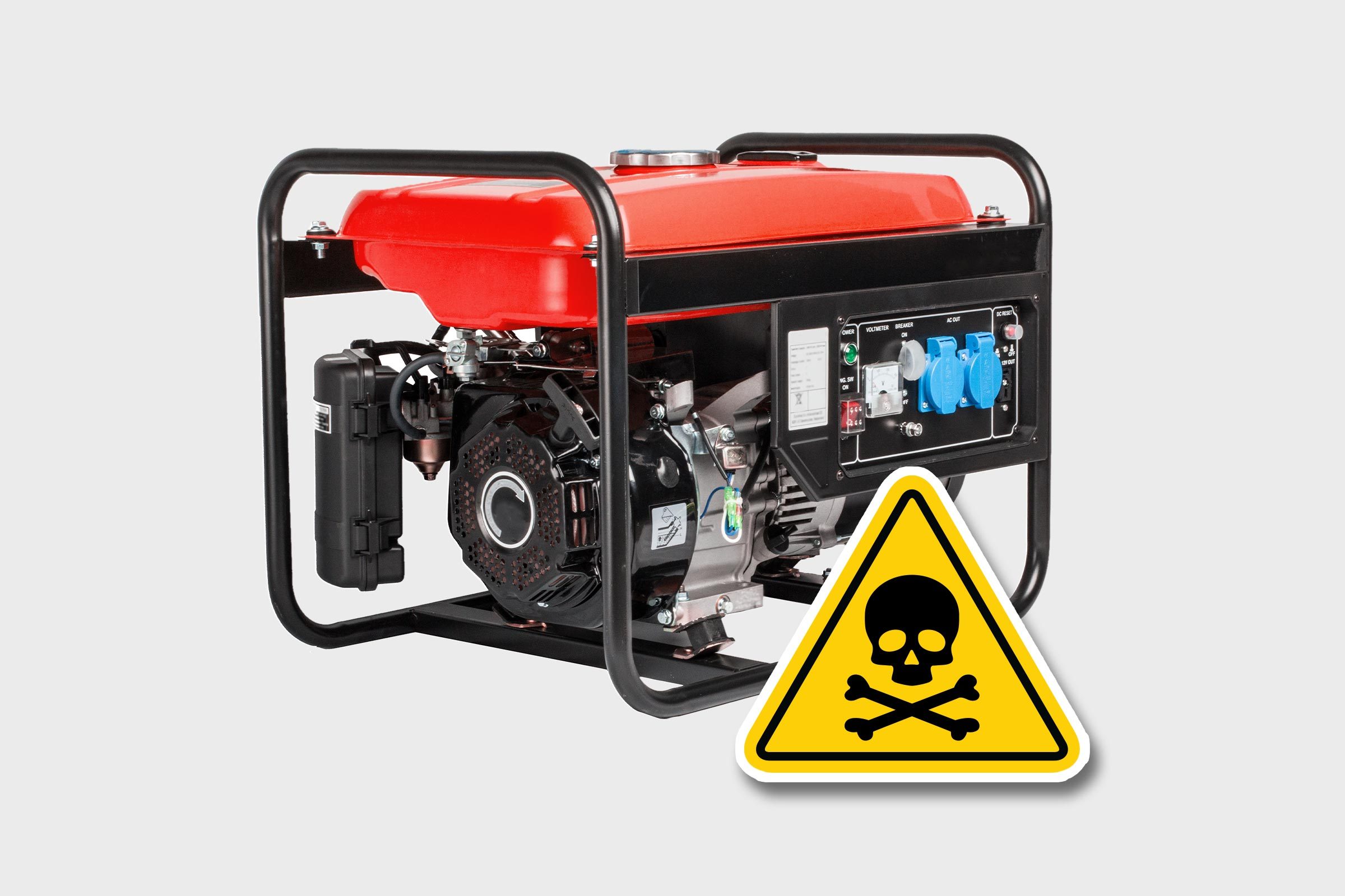 A red portable generator on a grey background with a yellow poison warning sign overlapping in the bottom right corner