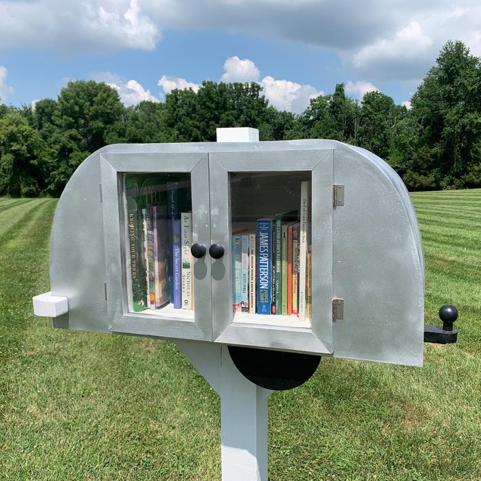 a little free library in a grassy field painted silver and in the shape of a camper trailer
