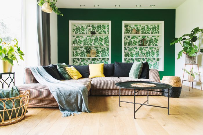 modern living room with green walls and leaf wallpaper in the built in bookshelves