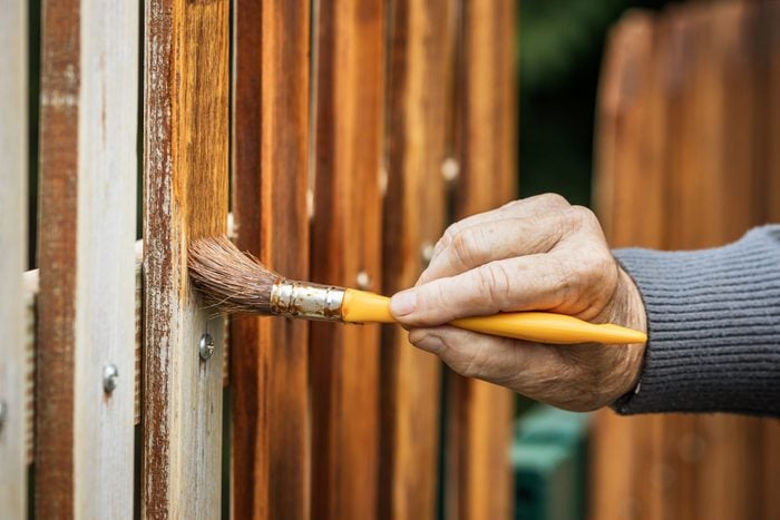Man staining wooden fence in his backyard