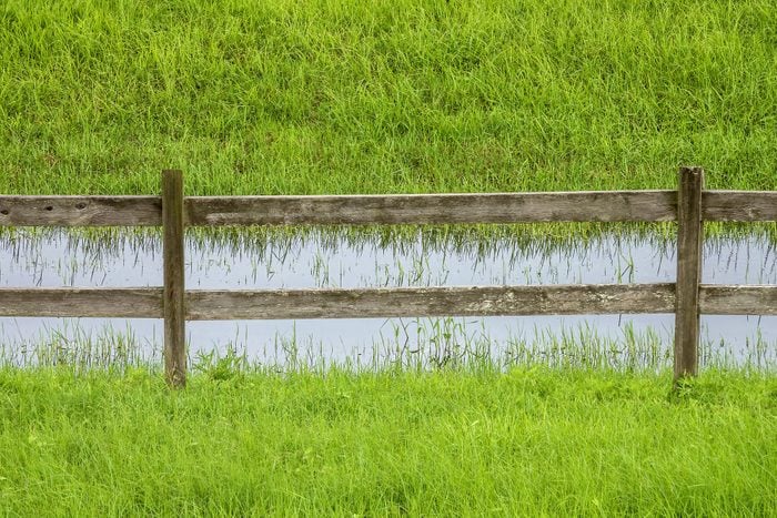 post and rail wooden fence In a grassy yard with a small stream on the other side