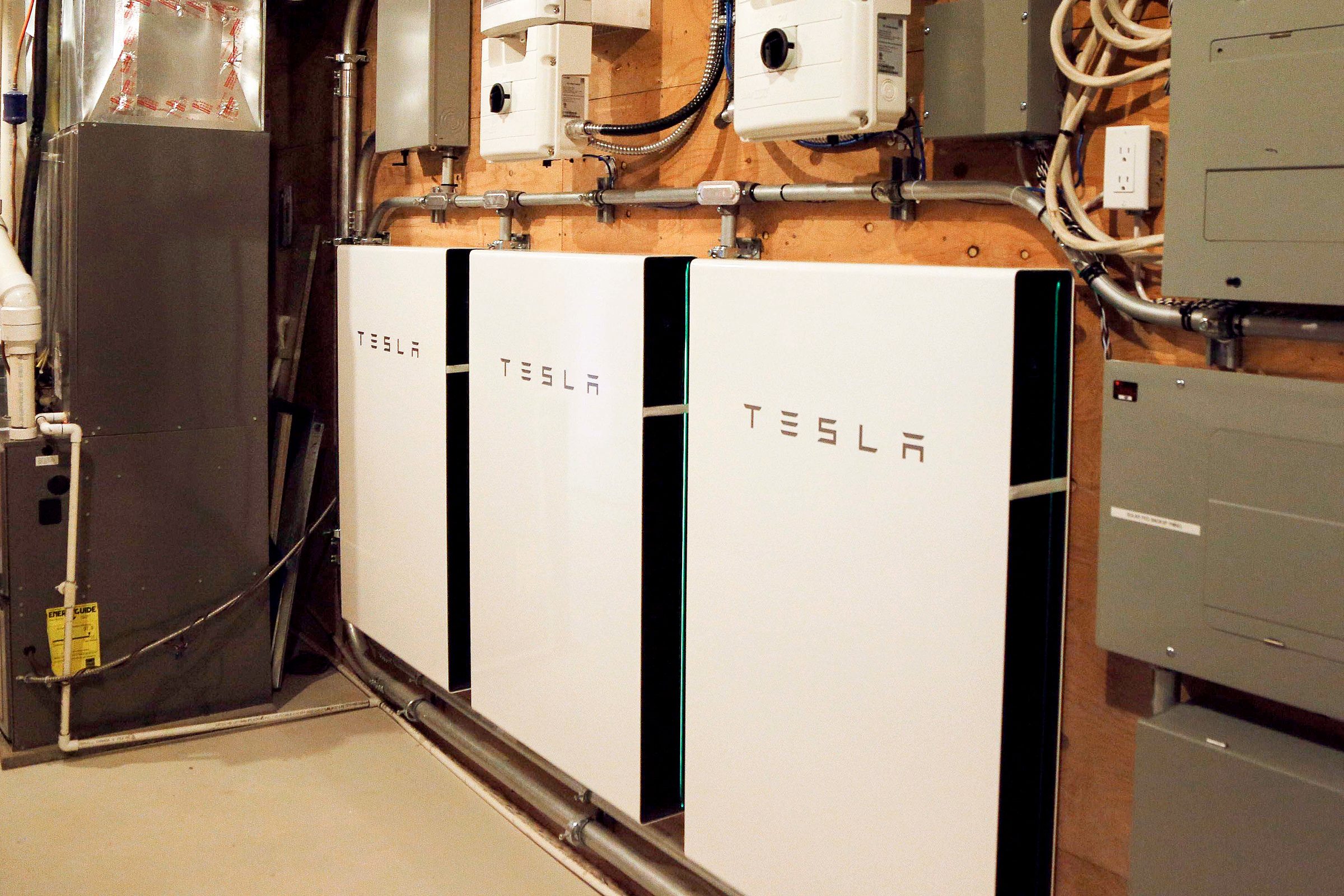 Tesla Home Solar Battery bank in a basement
