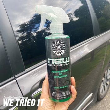 Tried Chemical Guys New Car Smell Air Freshener bottle in front of a grey car with the family handyman we tried it logo in the bottom left corner