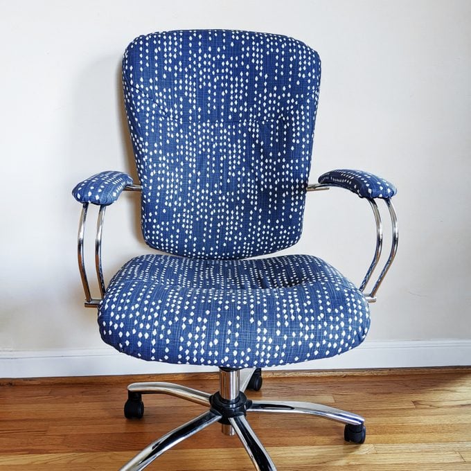 blue office chair after being reupholstered