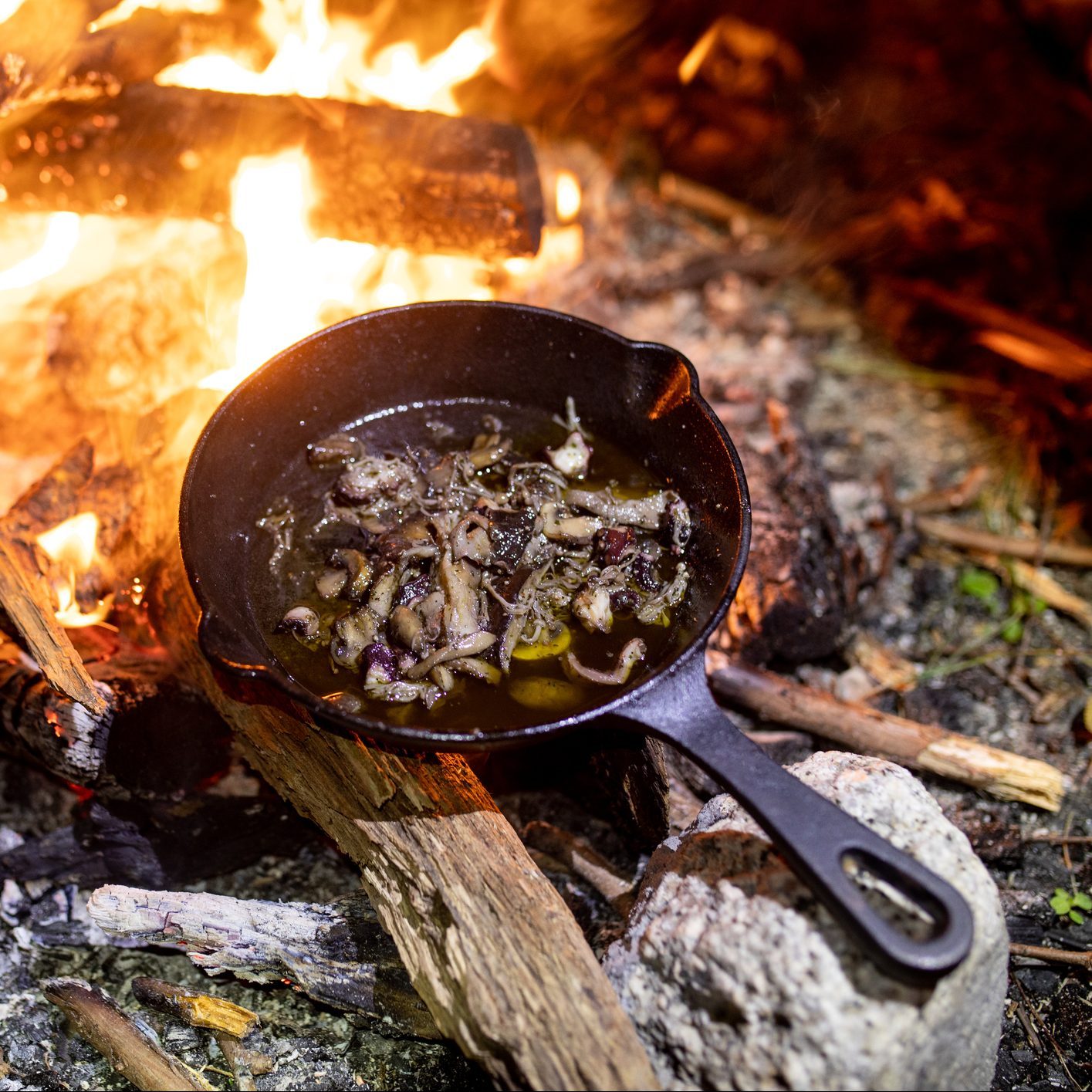 Campfire cooking with cast iron skillet