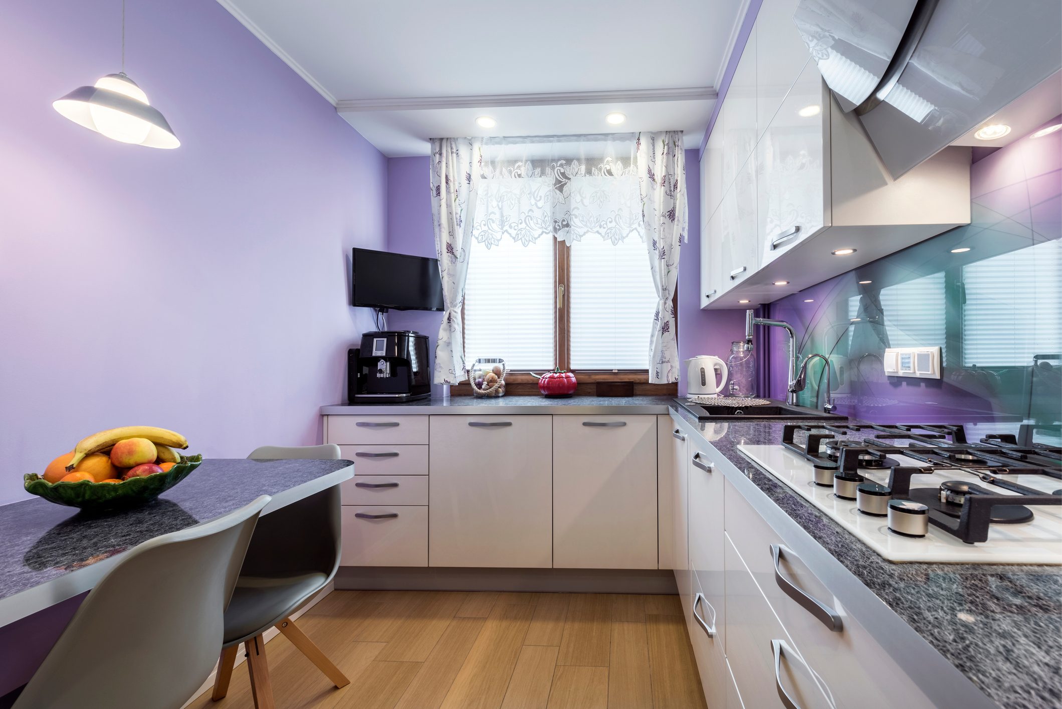 Modern kitchen with lavender walls