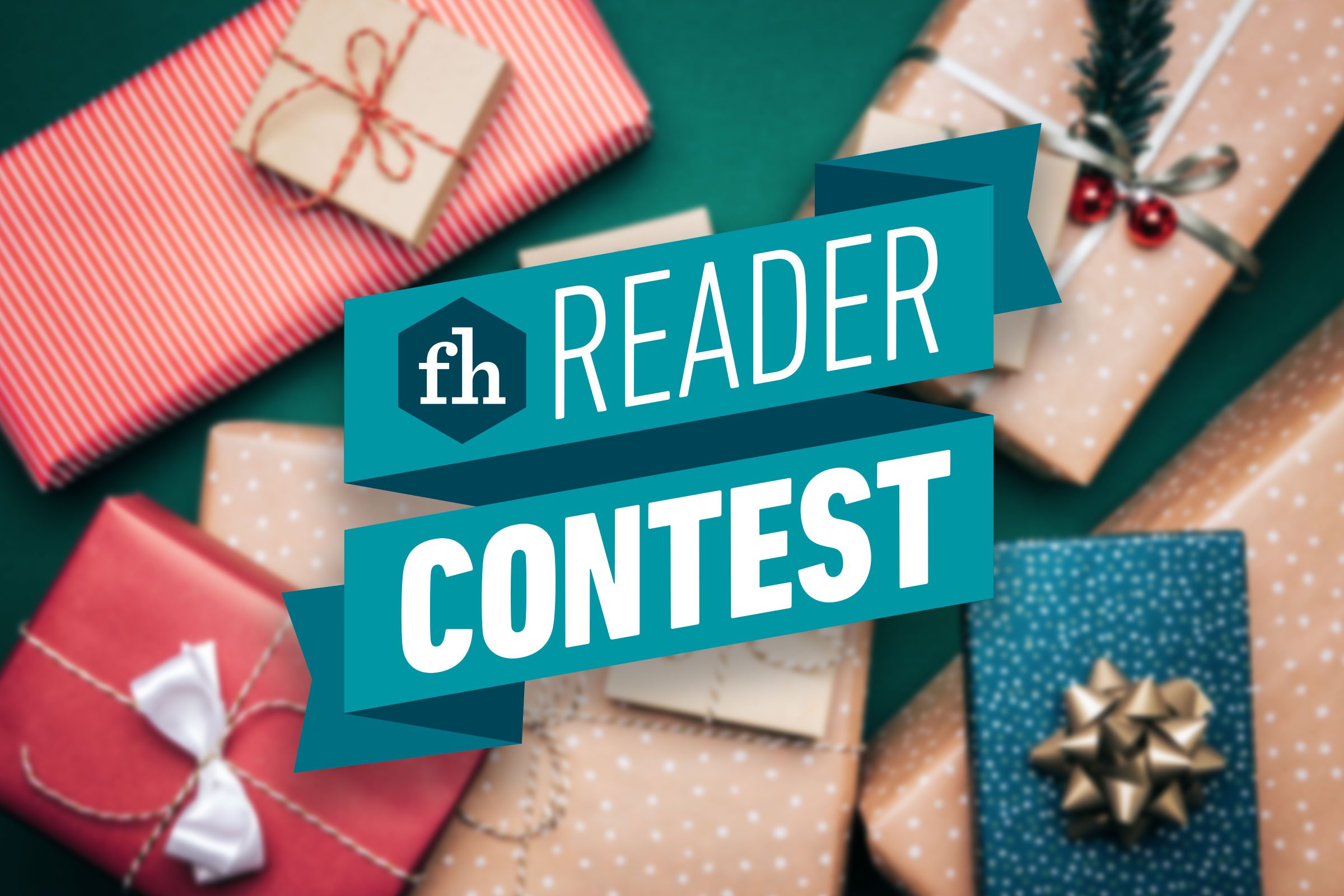 Holiday Spirit Reader Contest logo over an image of holiday gifts