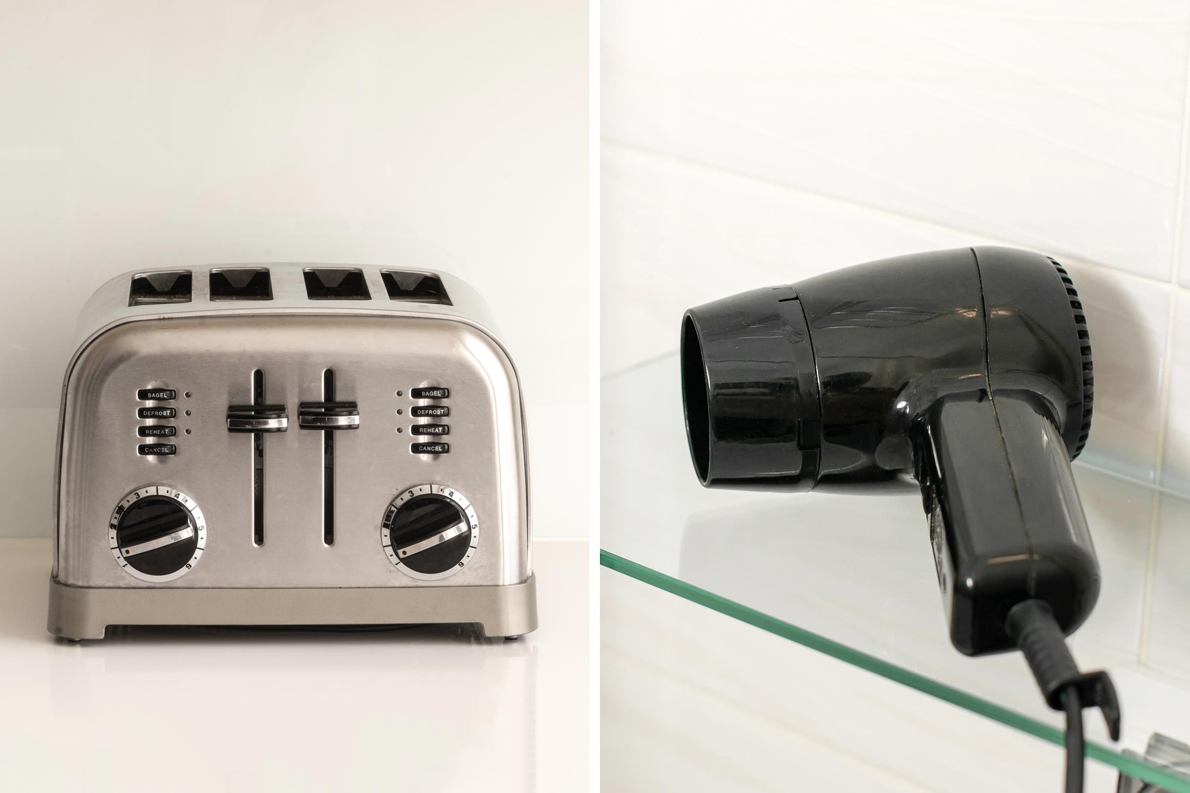 side by side of a toaster on a counter and a hair dryer on a bathroom shelf